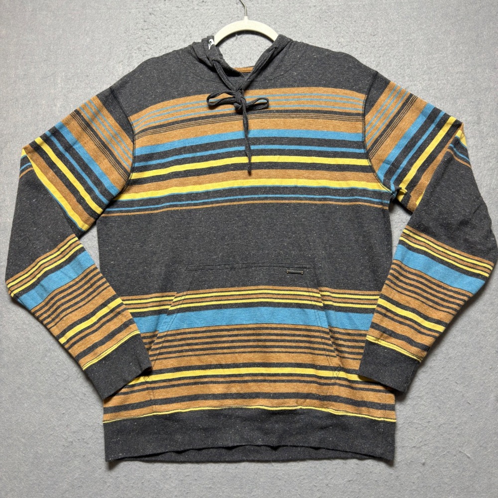 Billabong Mens Large Striped Hoodie Charcoal Blue Yellow Cotton Pullover Surf